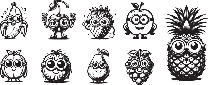 funny cute fruits set, black and white apple strawberry grape, chery,  banana, coconut, pear, vector graphics