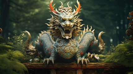 Fototapeta premium Fantasy art portrait real dragon head close-up sharp teeth beautiful eyes muzzle in dark gray-green scales