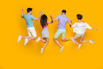 Full body photo of back rear view fellows jump up hold hands isolated over shine color background