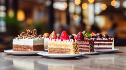 Three different layered frosted slices of cakes close up on the table in a cafe or patisserie, blurred background - obrazy, fototapety, plakaty