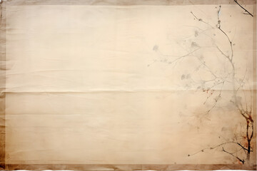 wabi-sabi collage background, hand-made paper stained with natural dye and sumi ink, grungy art backdrop with texture in neutral hues on deckle edged hand made paper isolated on white . Generative AI. - obrazy, fototapety, plakaty