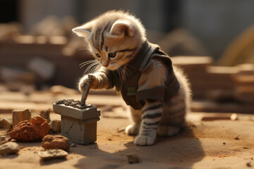 Cute cat in archaeologist suit is working - obrazy, fototapety, plakaty