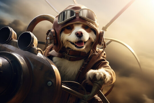 Cute dog in a pilot suit is flying a plane