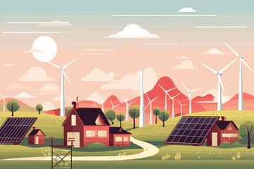 Efficient Eco-Friendly Energy Solutions, Sustainable Development with Solar Panels and Wind Turbines, Green Technology Landscape, Renewable Resources Vector Scene. - obrazy, fototapety, plakaty