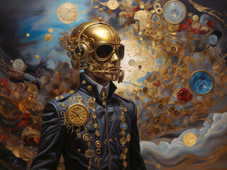 A painting of a man wearing a helmet and a suit adorned with clocks. The background features a mix of clouds and gold coins.