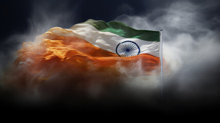 Dark flag in the fog, Independence Day of India, abstract background. Generative ai