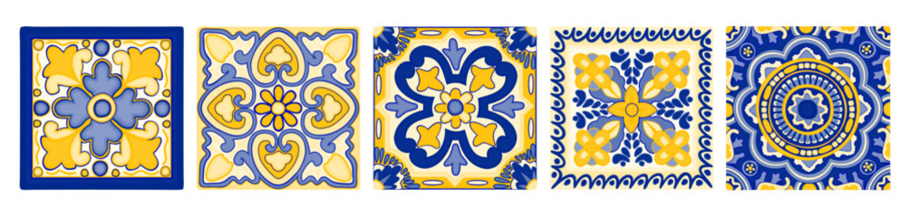Mediterranean tiles. Azulejo decorative art. Vector set isolated on white background.