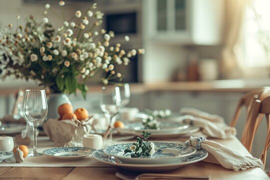 Elegant dining arrangement with floral decorations, fine china, and a rustic wooden table atmosphere