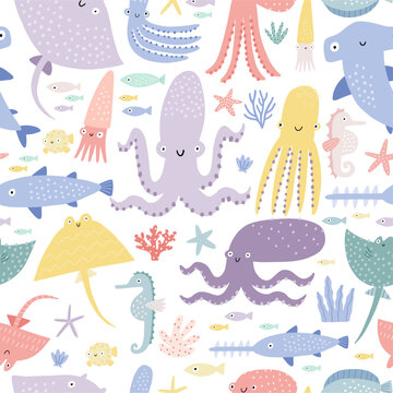 Cute cartoon undersea world. Deep Ocean or sea with fish, octopus, stingray, seashells, shark, stars, sea horse, aquatic plants. Vector seamless pattern