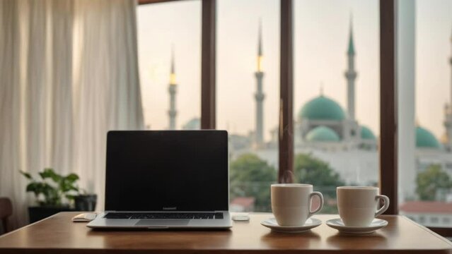 Computer in table with white cup, with window and mosque background, loop 4k video footage animation 