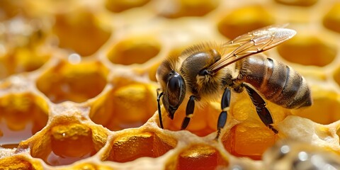 Close-up of a honeybee at work on honeycomb cells. nature's marvel in detail. perfect for educational and environmental projects. AI - obrazy, fototapety, plakaty