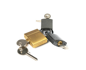 Three Closed Locks Isolated, Golden and Black Padlocks Locked Together on White