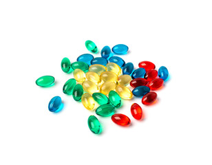 Color Pill Capsules Isolated, Analgesic Pile, Painkiller Drugs Mix, Sedative Pills Group, Medicine...