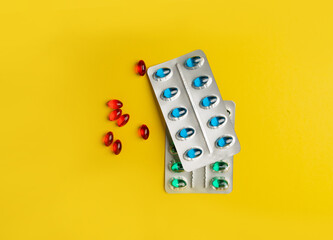Pill Blisters, Transparent Color Capsules Package, Analgesic Packaging, Painkiller Drugs, Sedative Pills - obrazy, fototapety, plakaty