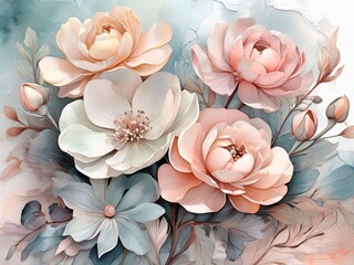 Delicate flowers on a transparent watercolor background. Pastel color palette