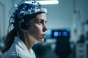 Woman scientist analyzes brainwave data for conscious states. Profound implications for cognitive research and potential applications in medical domain - obrazy, fototapety, plakaty