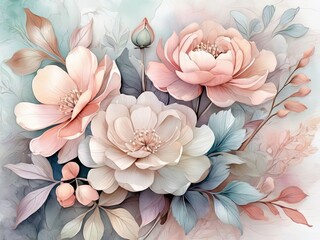 Elegant delicate flowers on a transparent watercolor background. Pastel color palette