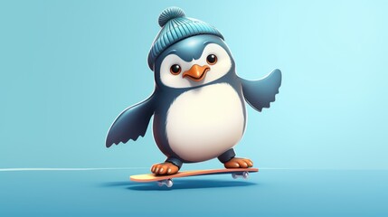 Obraz premium Cute beautiful baby penguin in winter hat and scarf, riding snowboard, looking at camera.