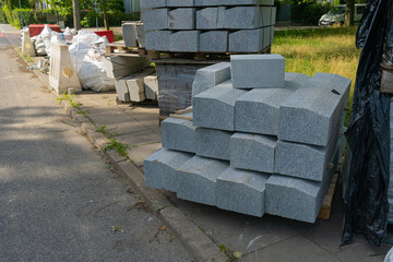 Pallets Paving Slabs on Europe Streets, Paving of the Pedestrian Path, Road Repair, Modern...