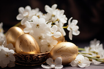 Golden Easter eggs with flowers. Happy Easter Card