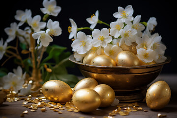 Obraz na płótnie Canvas Golden Easter eggs with flowers. Happy Easter Card