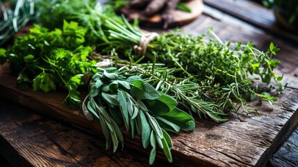 Bunches of different garden fresh herbs on wooden board from above - obrazy, fototapety, plakaty