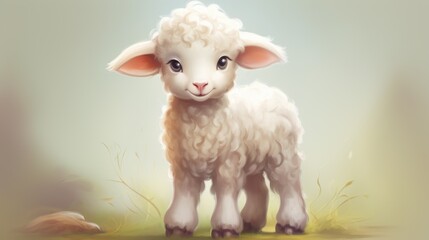 Fototapeta premium cute little sheep on a green meadow among the mountains looking at the camera