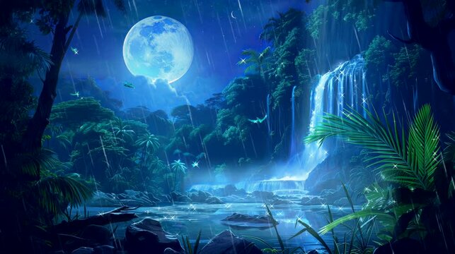 Beautiful view of tropical rain forest with waterfall.  Seamless looping 4k time-lapse virtual video animation background