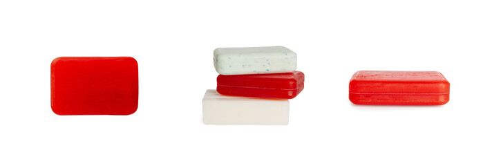 Red Soap Bar Isolated, Body Care Cosmetic, Fruit Soapy Detergent, Solid Shampoo, Glycerin Soap