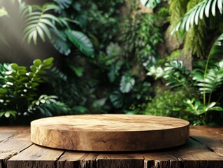 Natural podium product display with leaves tropical forest background