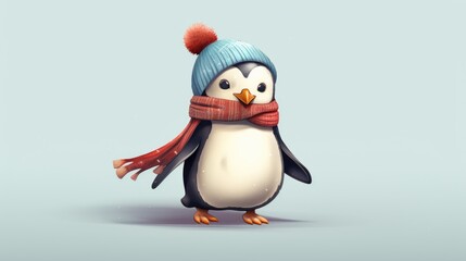 cute beautiful baby penguin in winter hat and scarf walking in the snow