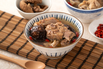 Delicious shiitake mushroom chicken soup, traditional Taiwanese soup.