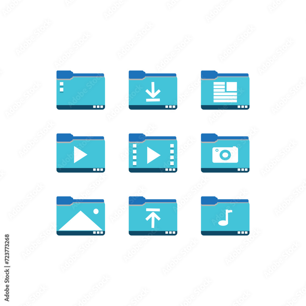 Poster Set of media player icons in flat design style. Vector illustration. Folder design element. Collection of folder icon symbol