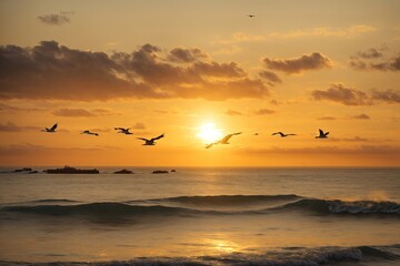 Fototapeta na wymiar A golden sunrise that could also be a sunset over the ocean with pelicans flying