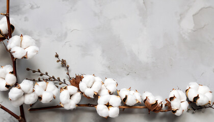 White cotton flowers and twigs; light concrete as a backdrop