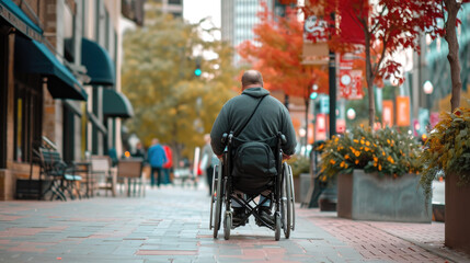 Obraz premium Handicapped or old adult man navigates a sidewalk in an electronic wheelchair, city lights in the backdrop Quality of life and impairment concept.