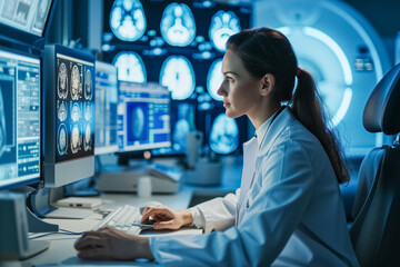 Medical woman employee works on computer in hospital laboratory. Portrait of female doctor working with brain scans in diagnosis center of health care department - obrazy, fototapety, plakaty