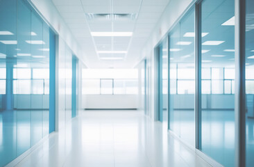 Obraz premium Empty corridor in modern Hospital ICU blurred background. Blur defocused interior of modern clinic. Abstract defocused corridor of medical centre, laboratory, lab. Healthcare and medicine concept.