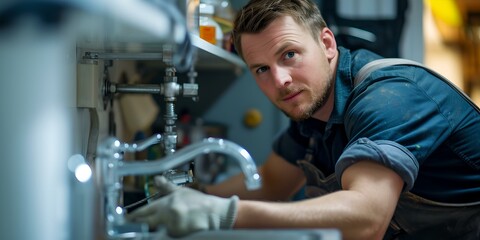 Professional plumber fixing pipes, focused handyman at work. blue-collar occupation, skillful worker. maintenance service concept. AI