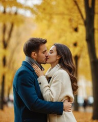 Fototapeta premium Two young people, a girl and a man kissing in an autumn park against the background of yellow trees