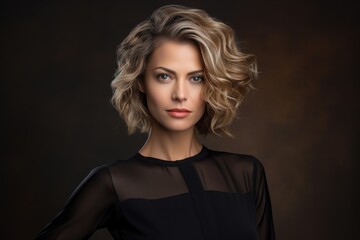 Fototapeta premium Photo of a beautiful woman with wavy hair, wearing a simple blouse, eye contact, dark background