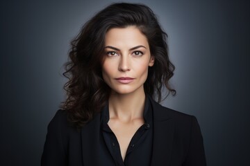 Fototapeta premium Photo of a beautiful woman with wavy hair, wearing a simple blouse, eye contact, dark background