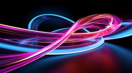 Abstract Futuristic Data Transfer Concept with Vibrant Pink, Blue, and Gold Lines on Dark Ice Arena Background. High-Speed 3D Neon Light Wallpaper for Digital Ultraviolet Experience.