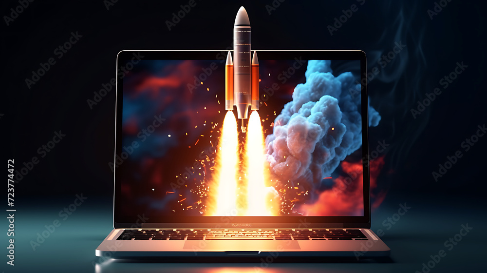 Wall mural space rocket outgoing of laptop screen, showcase boost performance, innovative isolated background