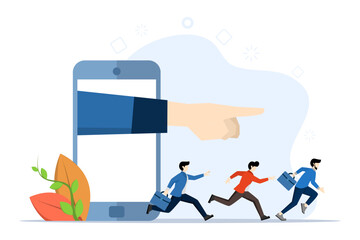 Thought leadership concept, hand pointing from mobile with people following the path, key influencer or opinion leader, KOL, social marketing to lead advertising campaign or influencer concept.