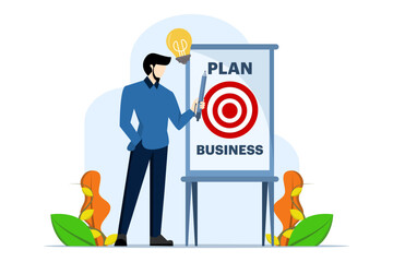 Writing a business plan to make a list of ideas, businessman holding a light bulb idea pencil going to write a business plan on a whiteboard, strategy and developing a plan for success and winning bus