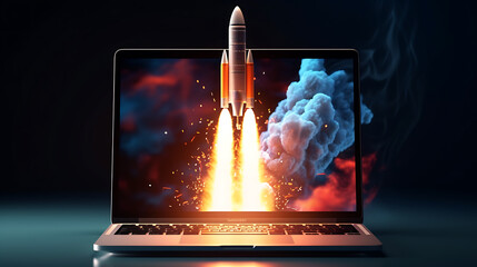 space rocket outgoing of laptop screen, showcase boost performance, innovative isolated background