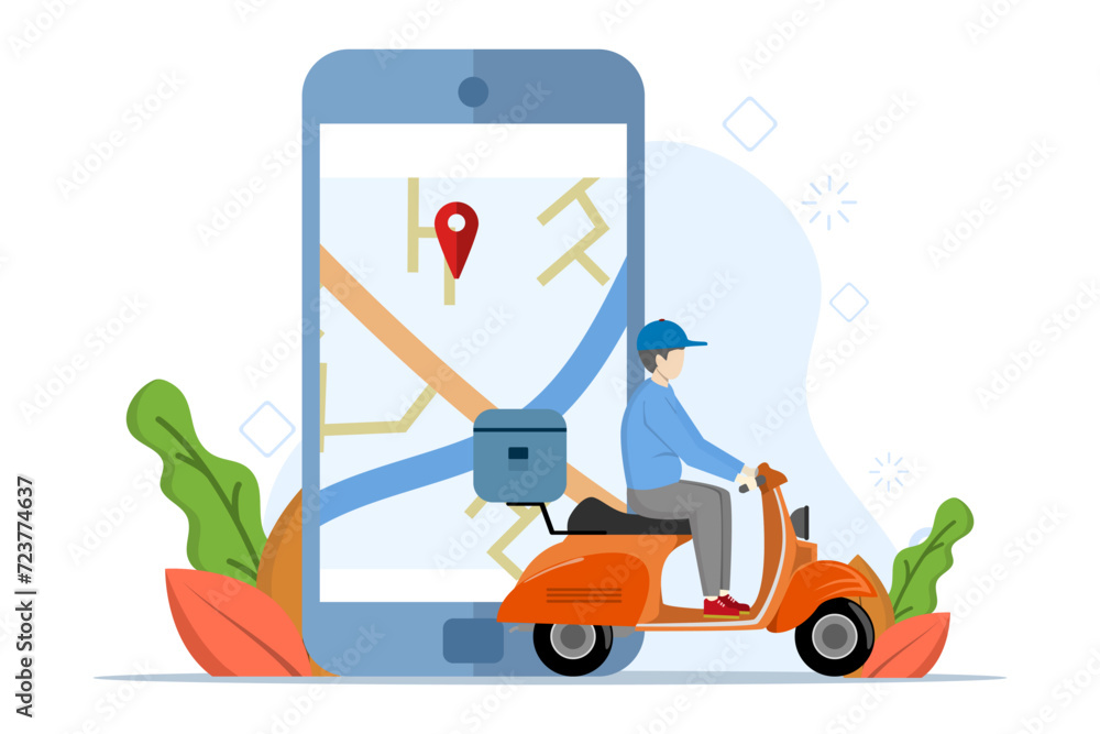 Poster the concept of sending a package to a destination. a man rides a scooter with a box. package deliver