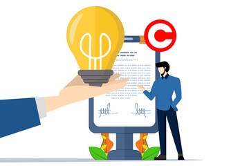 Man with light bulb and legal certificate for intellectual property concept. Intellectual Property Protection Litigation. Patent Law Against Copyright. Cartoon Flat Vector Illustration.