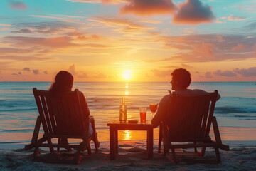 Fototapeta na wymiar happy couple on beach chairs with a side table with cocktails enjoy luxurious sunset on the beach during summer vacations.